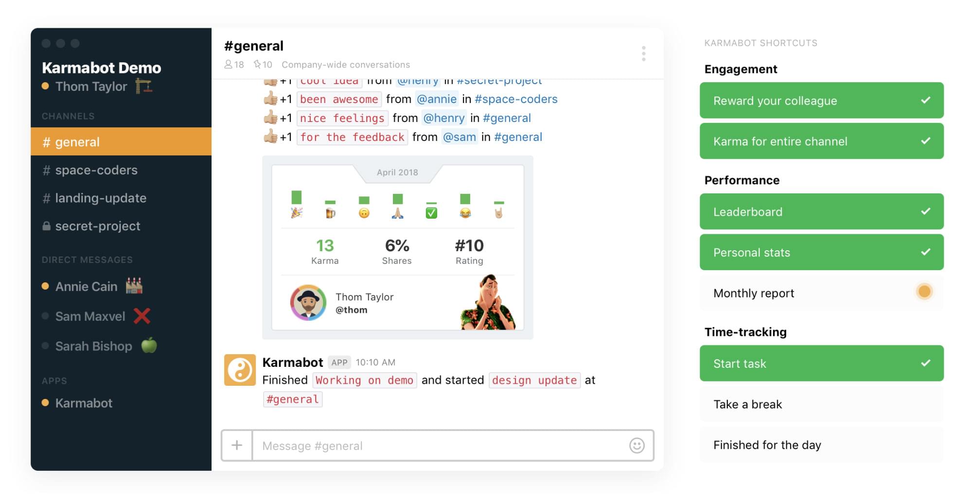 Karma bot demo shortcuts panel