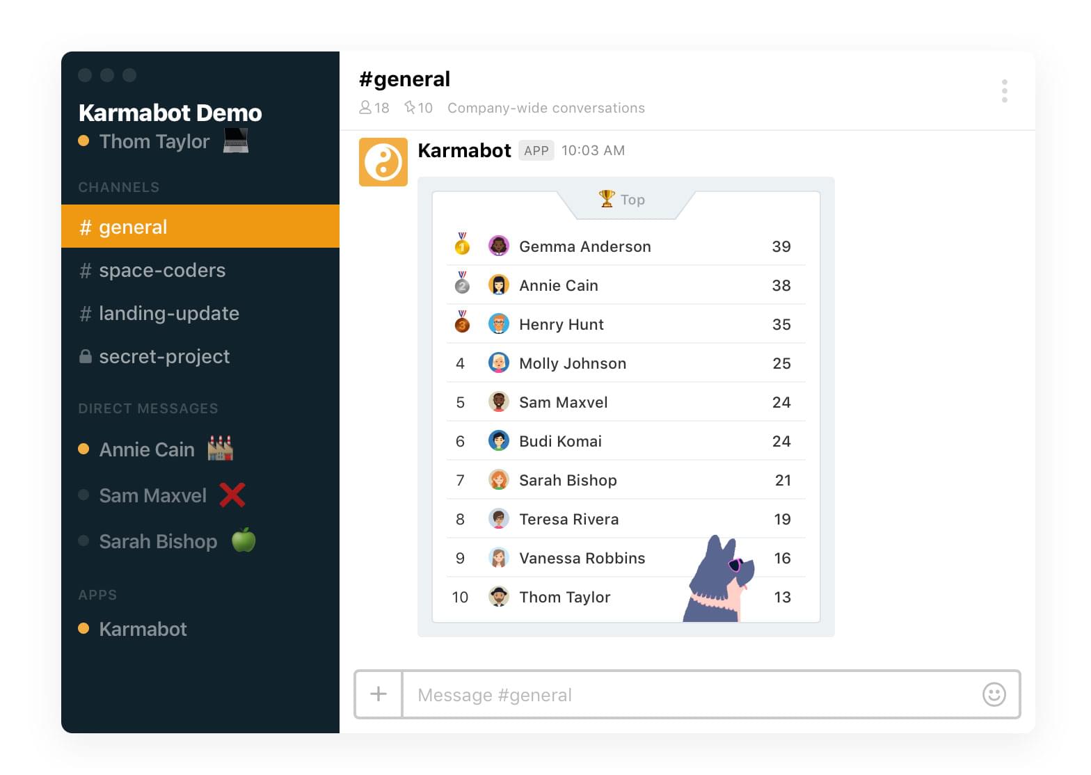Karma bot demo team stats