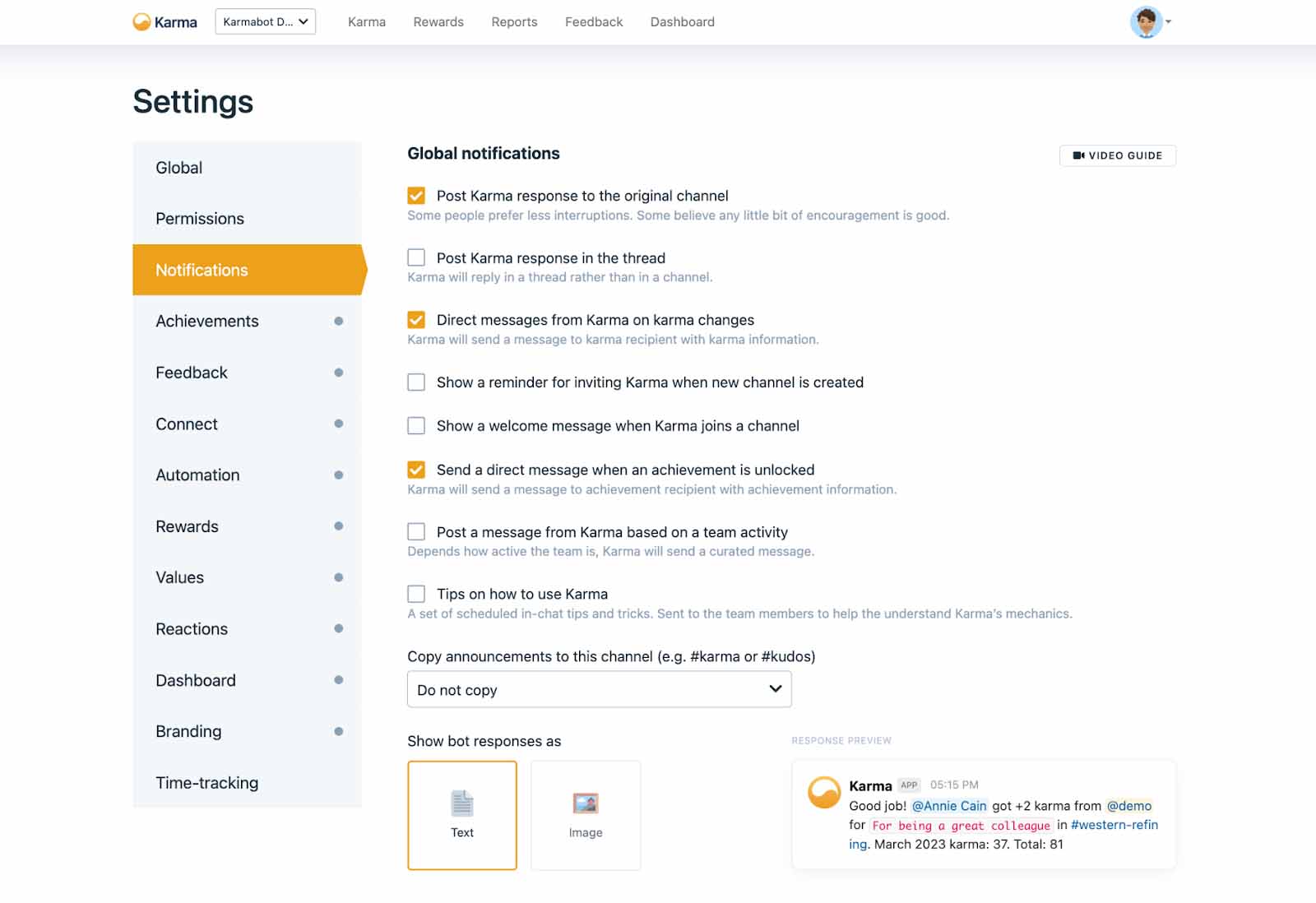 Karma Notifications settings
