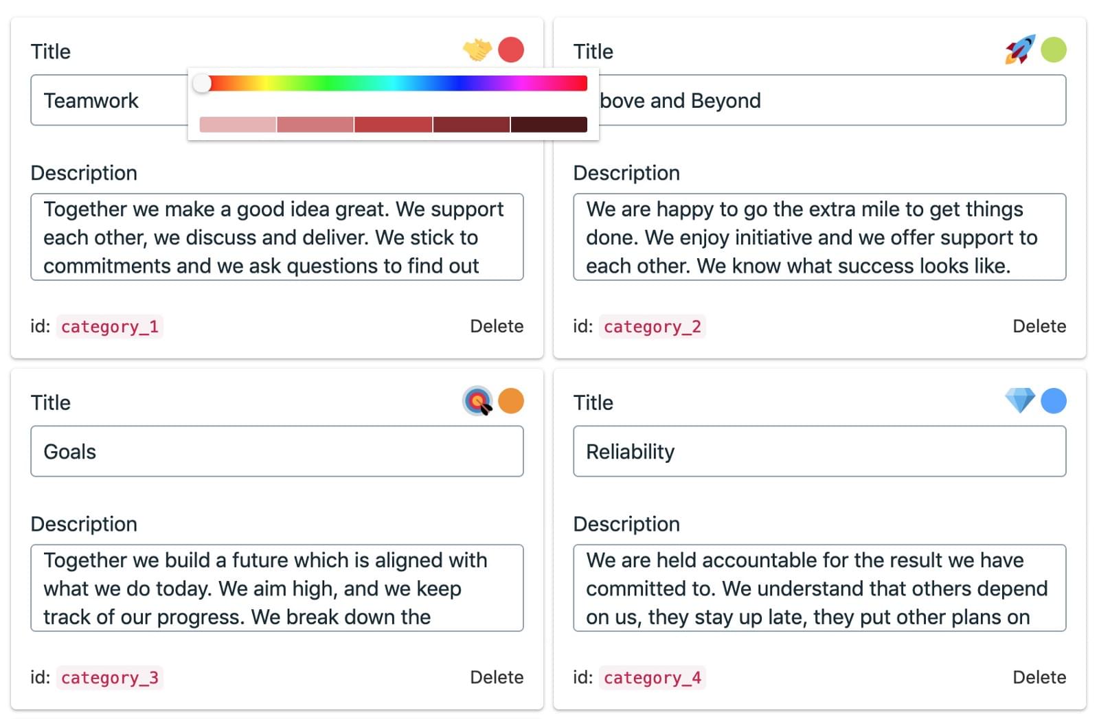 Customizing values screenshot